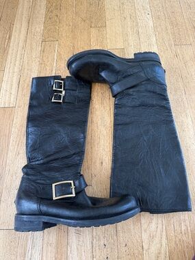 Jimmy Choo Black Leather Knee-High Buckle Boots